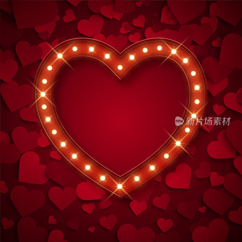 Retro banner in heart shape with shiny lamps, decorative frame, vector illustration